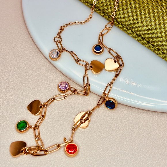 Free People Gold Paper Clip Necklace with Multicolor Crystals & Hearts Charms - Picture 4 of 8